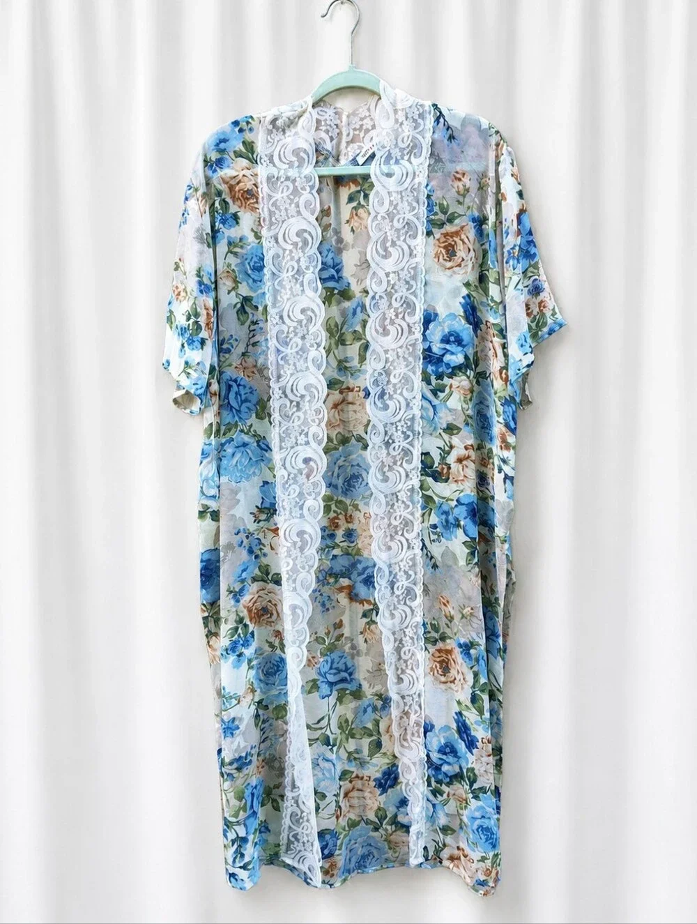 Miley + Molly Floral Lace Trim Kimono Cover-Up Blue Cream Sheer Open Front Boho